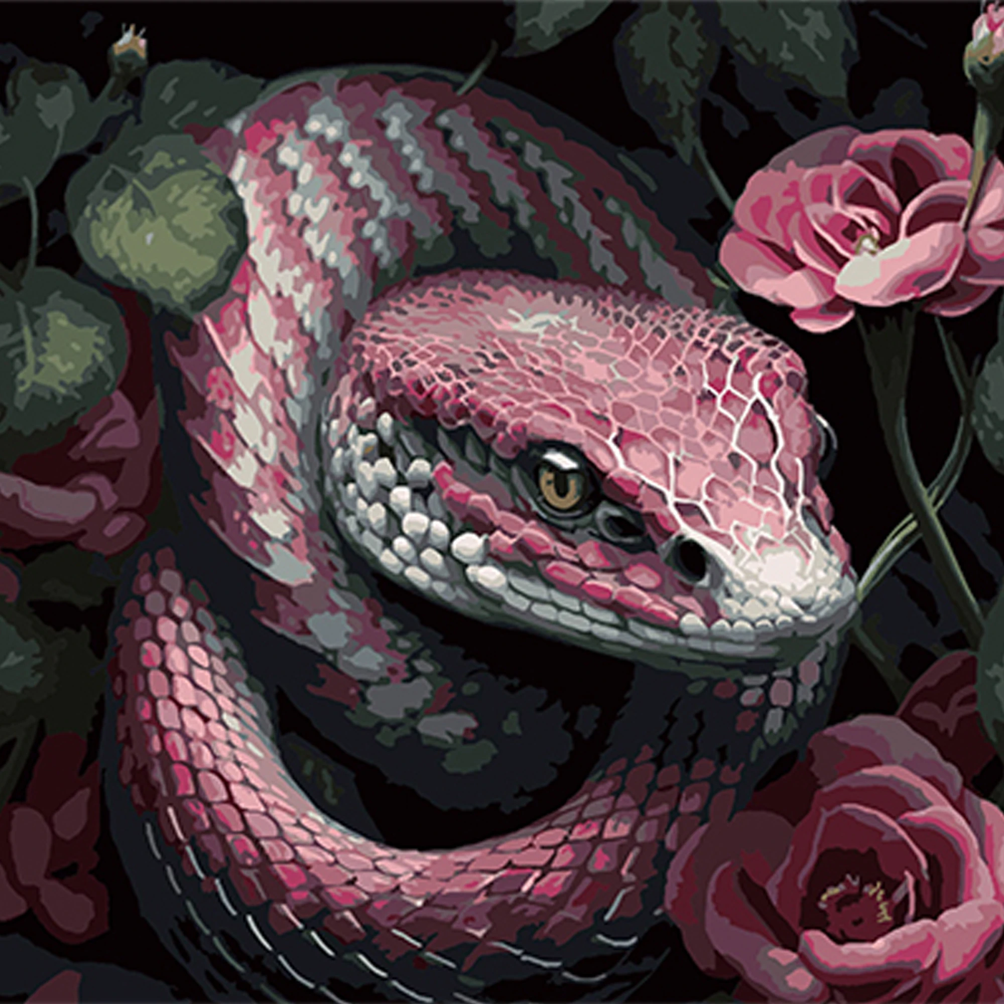 Tablou pe numere  40x40 cm "Șarpe exotic în atmosfera florală"