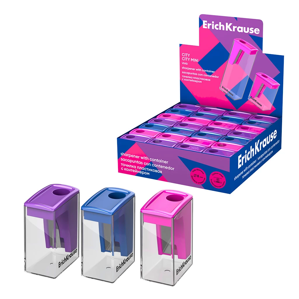 Ascuțitoare plastic cu container ErichKrause City Mini, Vivid