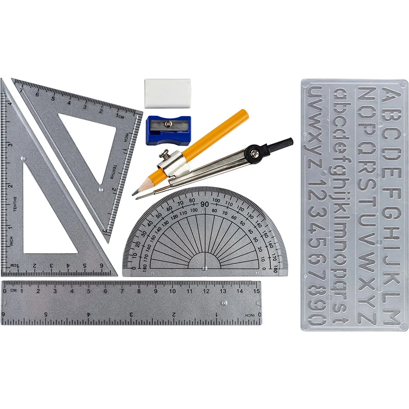 Set geometric (compas,rigla 15cm, 2 echere, raportor,radiera) cutie metal / Centrum