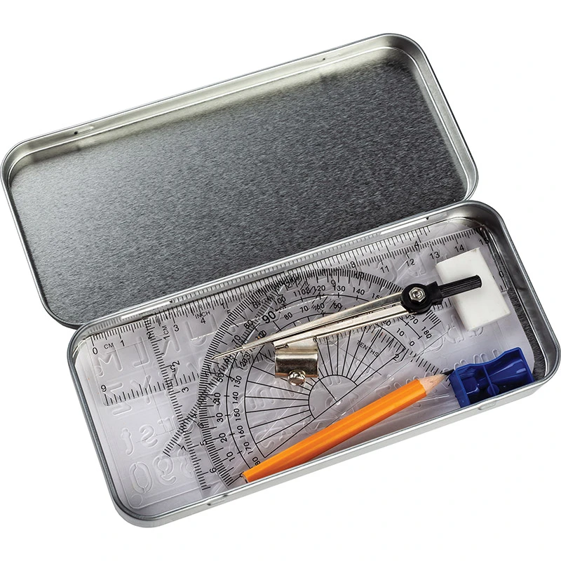 Set geometric (compas,rigla 15cm, 2 echere, raportor,radiera) cutie metal / Centrum