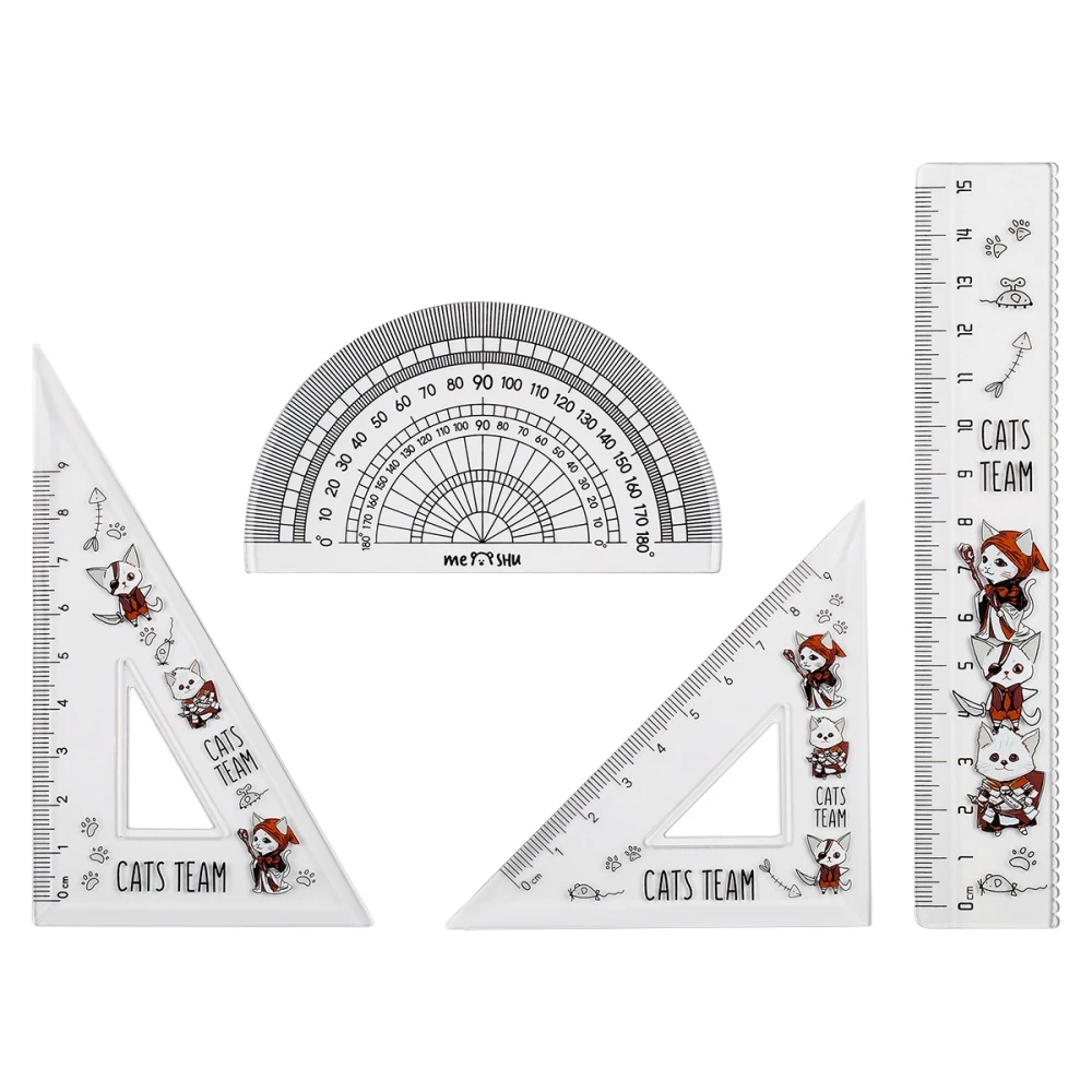 Set geometric 15cm (Rigla,Raportor, 2 Echere) , "Cats Team" , MESHU